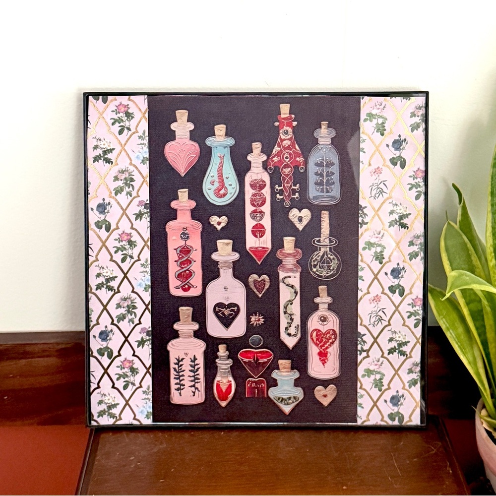 Apothecary Perfume Antique Vintage Bottles Witchy Canvas Art Print Floral Framed